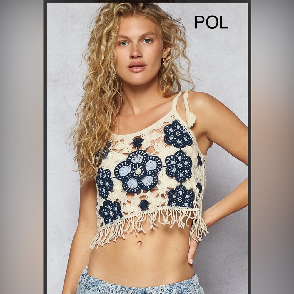 BP214-5💙POL perfect Crochet top in navy+tan w/amazing details 4 festival fun! - Picture 4 of 6